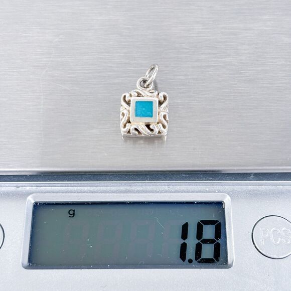 Vintage Sterling Silver 925 Turquoise Square Filigree Pendant - Picture 5 of 6